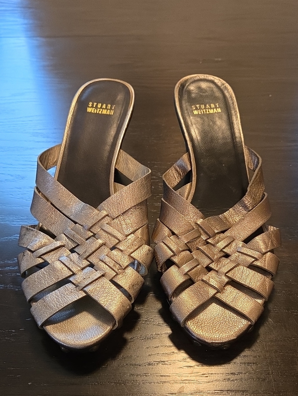 Stuart Weitzman Metallic Gold Woven Slide Mules